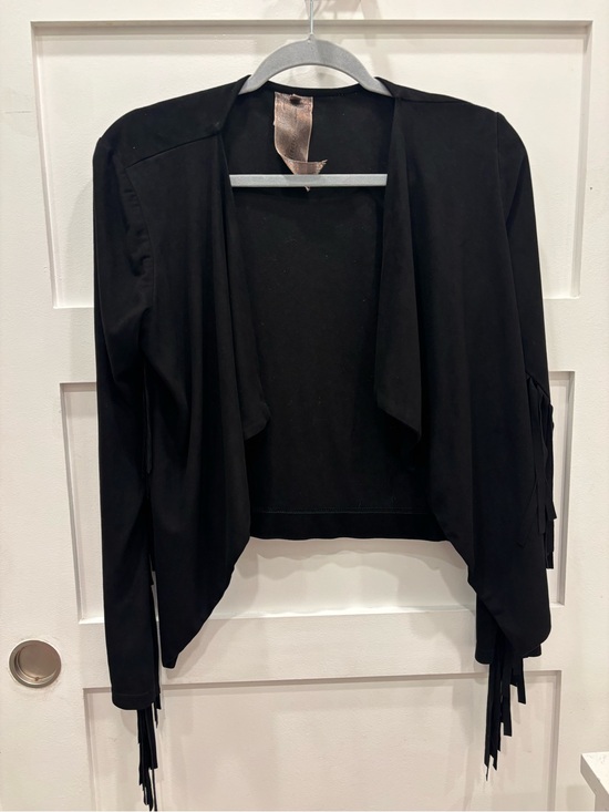 Moon Collection Sweaters - Moon Collection Black Draped Fringe Faux Suede Open Front Cardigan / Jacket